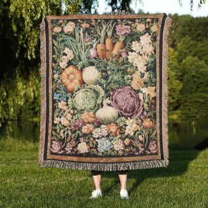 Vegetable Garden Tapestry Blanket A Woven Throw With Rustic Garden Vegetables And Floral Border